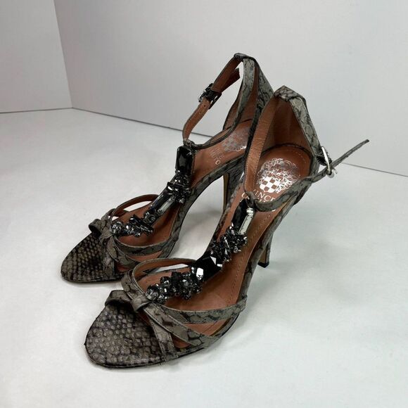 Vince Camuto Leather Snakeskin Open Toe Pumps Heels Buckle Grey Jeweled Womens - Picture 1 of 12